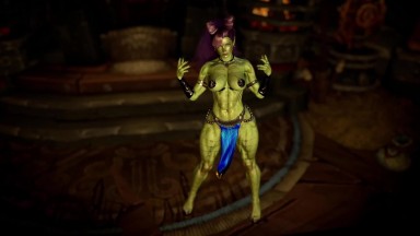Muscular feral orc queen in bikini armor dancing and flexing her biceps